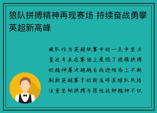 狼队拼搏精神再现赛场 持续奋战勇攀英超新高峰